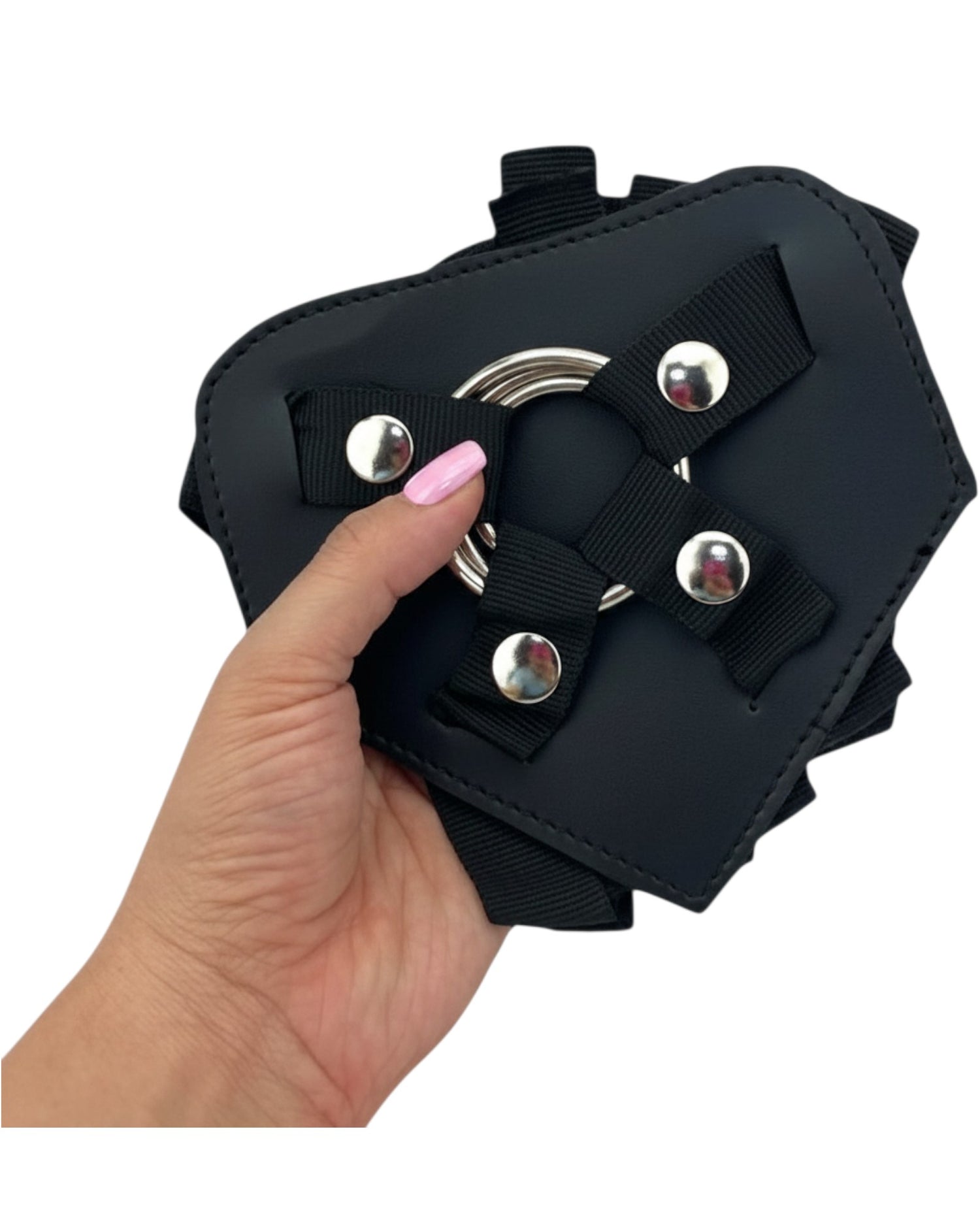 Arnés Triple Control de Glow&Vibe en nylon negro ajustable, con tres anillos metálicos intercambiables para mayor versatilidad.
