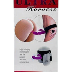 Arnés Ultra Vibe de Glow&Vibe con dildo de silicona morado texturizado, ajustable y con doble vibración.
