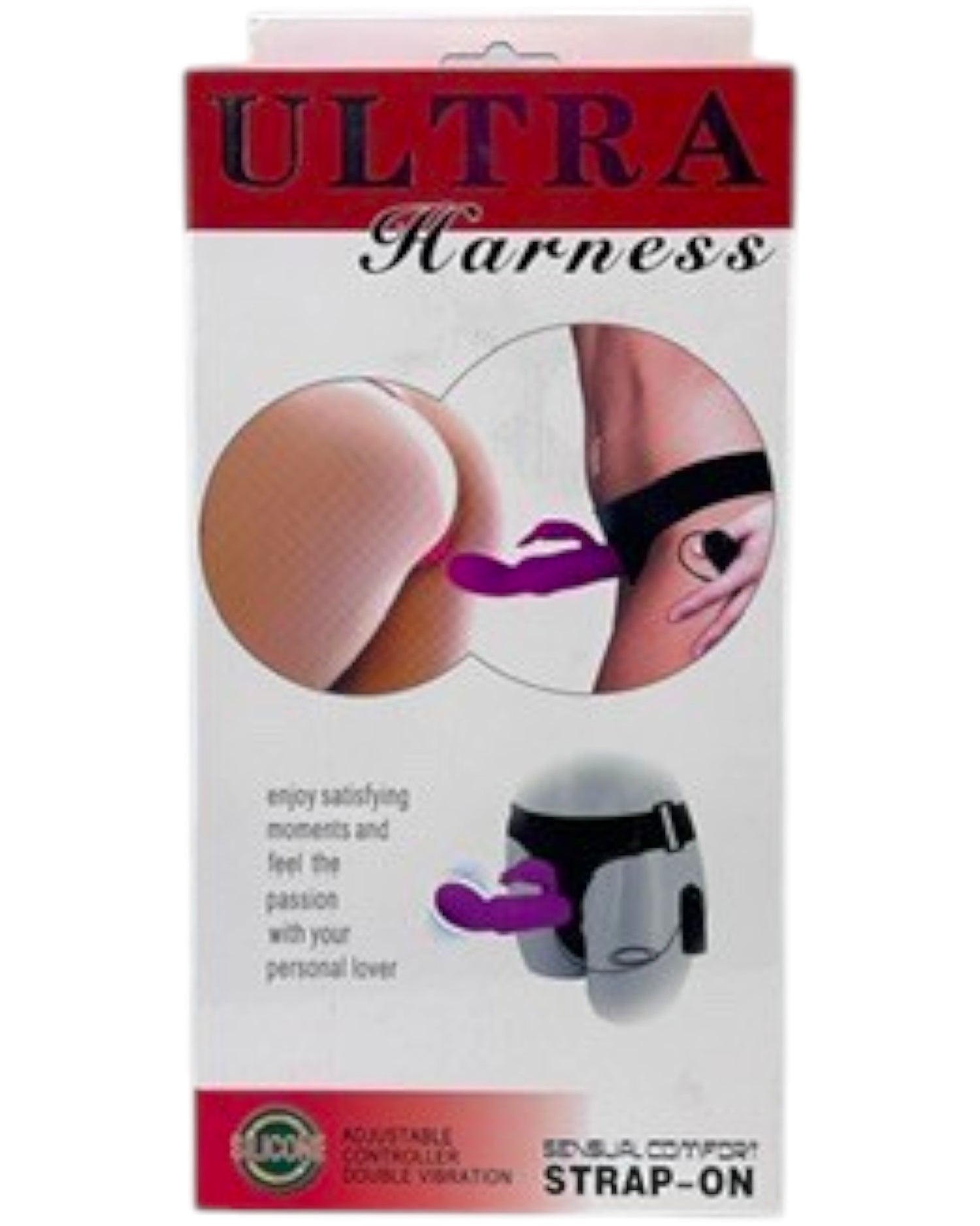 Arnés Ultra Vibe de Glow&Vibe con dildo de silicona morado texturizado, ajustable y con doble vibración.