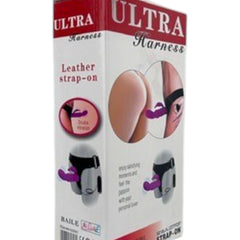 Arnés Ultra Vibe de Glow&Vibe con dildo de silicona morado texturizado y doble vibración. Ajustable para una experiencia compartida.