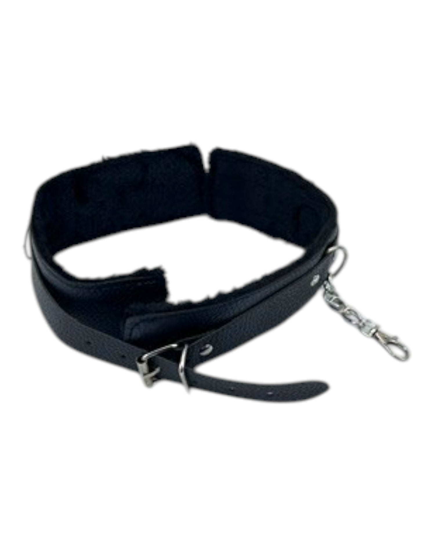 Collar negro de cuero con forro de pelo sintético y cadena de Glow&Vibe