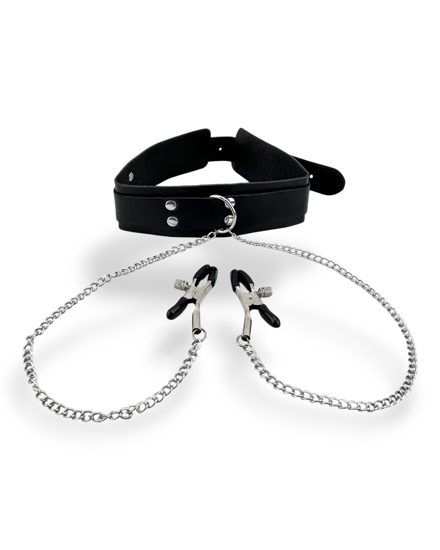 Collar negro de vinil con forro de terciopelo y cadenas metálicas con pezoneras ajustables de Glow&Vibe.