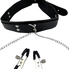 Collar de vinil negro con forro de terciopelo y cadenas metálicas, pezoneras ajustables. Glow&Vibe.