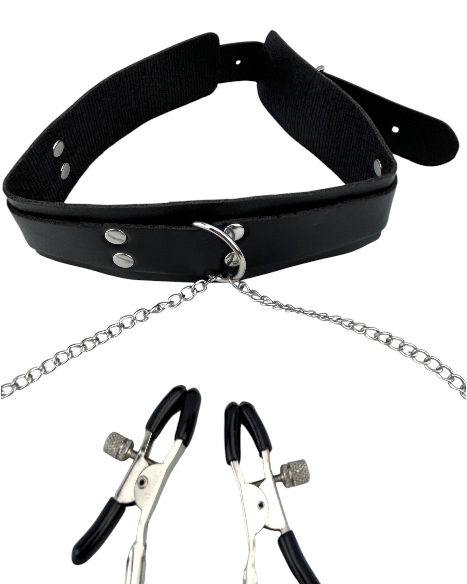 Collar de vinil negro con forro de terciopelo y cadenas metálicas, pezoneras ajustables. Glow&Vibe.