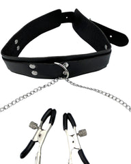 Collar de vinil negro con forro de terciopelo y cadenas metálicas, pezoneras ajustables. Glow&Vibe.