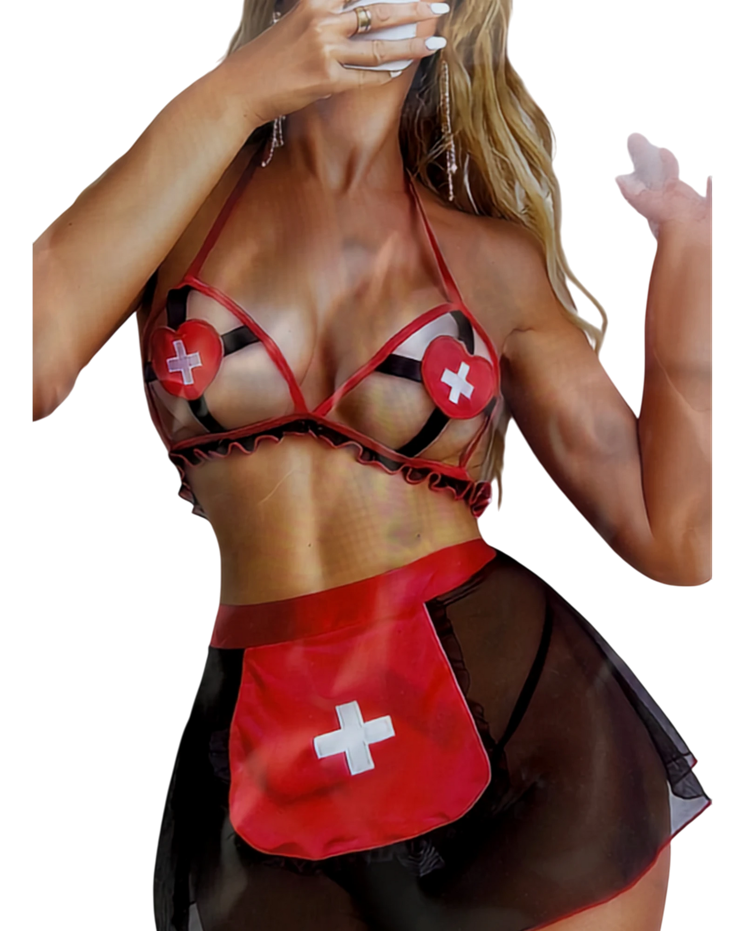 Conjunto de lencería de enfermera Glow&Vibe en rojo y negro con detalles de corazón y cruz, falda transparente.