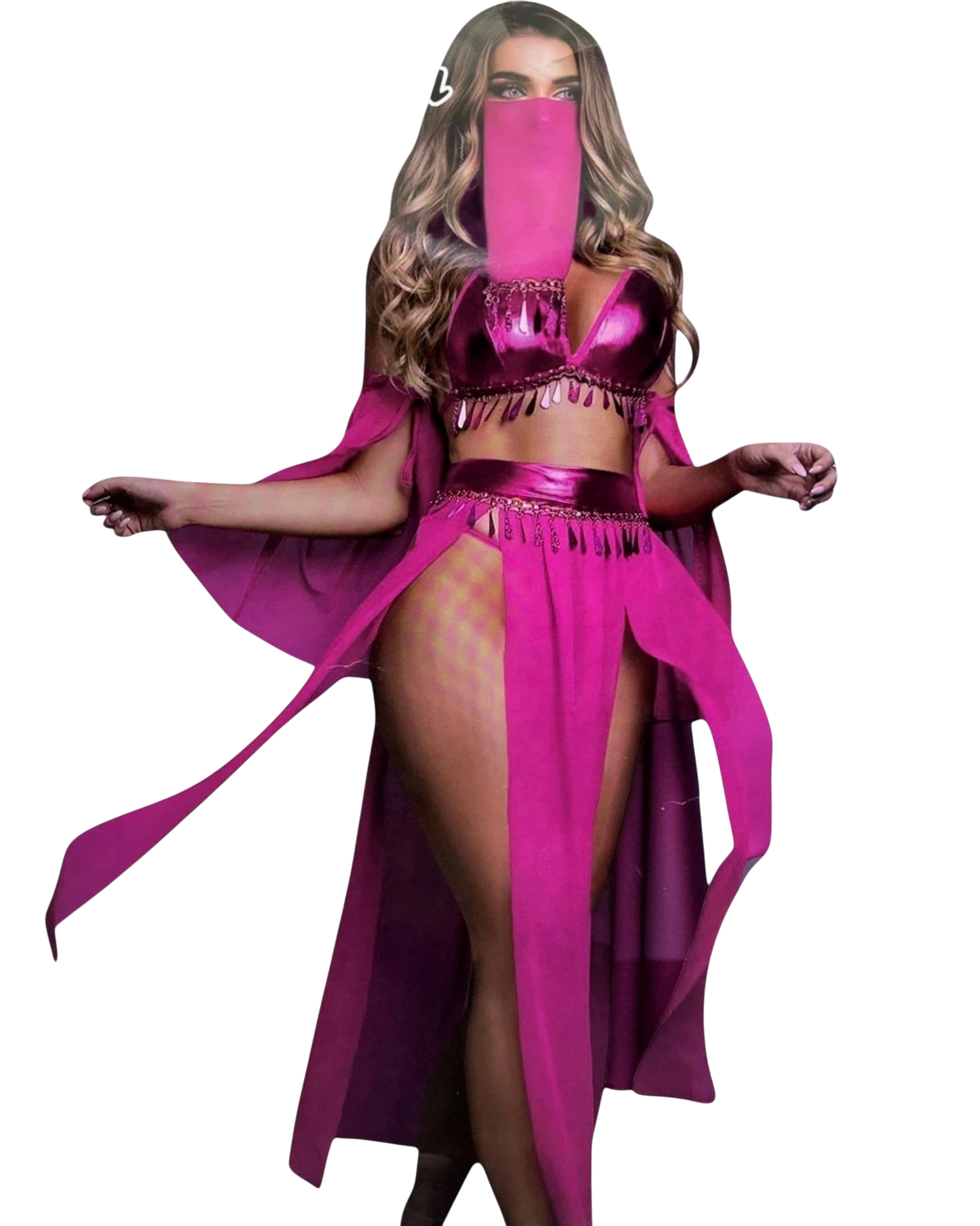 Conjunto de lencería fucsia de Glow&Vibe con sujetador, cinturón y falda con aberturas, velo y detalles de bondage.