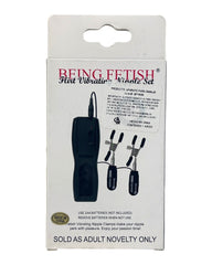 Glow&Vibe Fetish Flirt Set, pinzas para pezones negras con vibración gradual y control por cable, plástico.