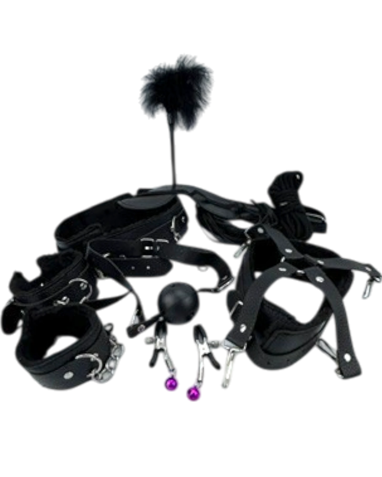 Kit Fetish Glow de Glow&Vibe con esposas, collar, antifaz, cuerda, látigo, mordaza, pezoneras y plumero en color negro.