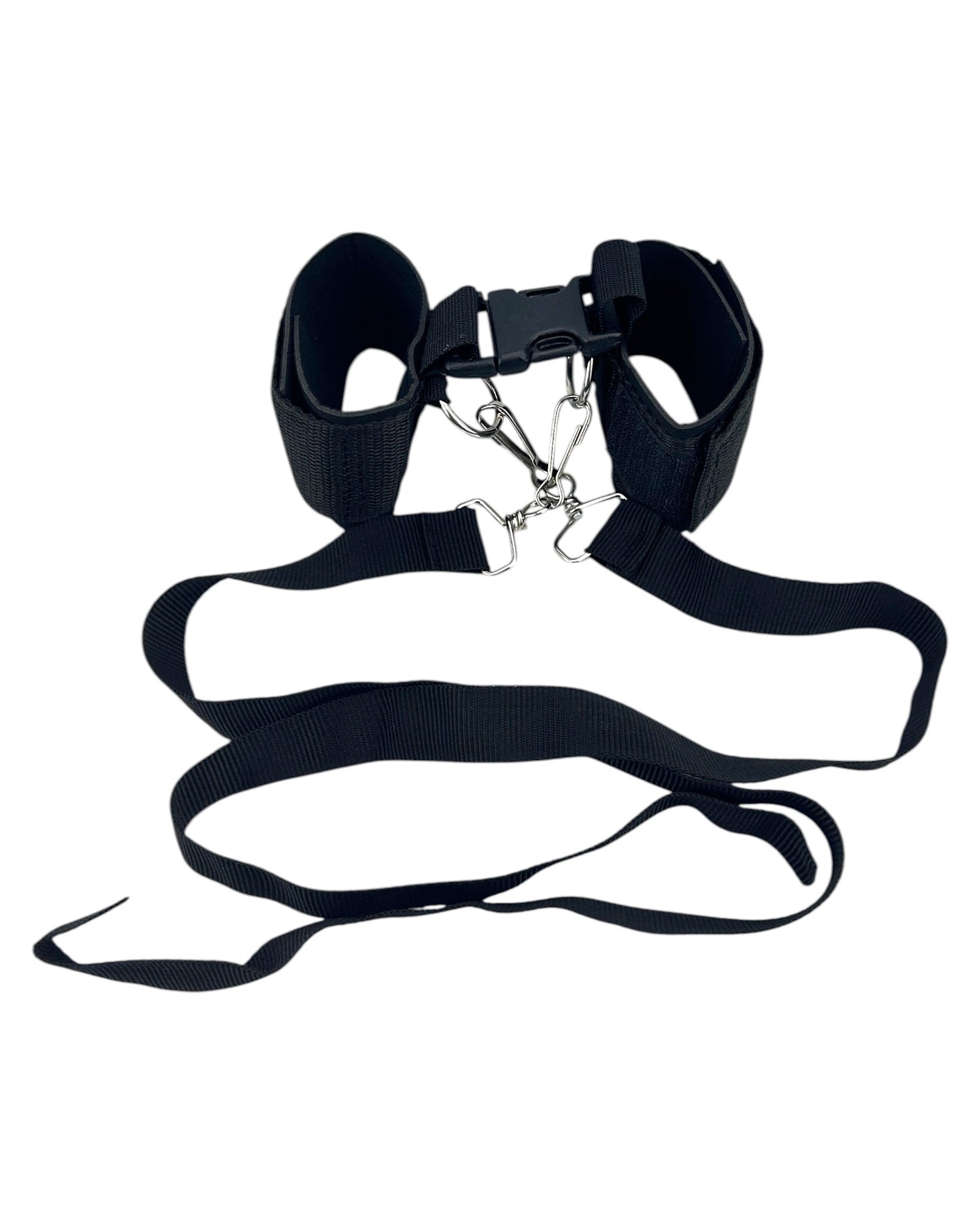 Glow & Vibe Fetish Ties de nylon negro reforzado con cintas ajustables y cierre de seguridad.