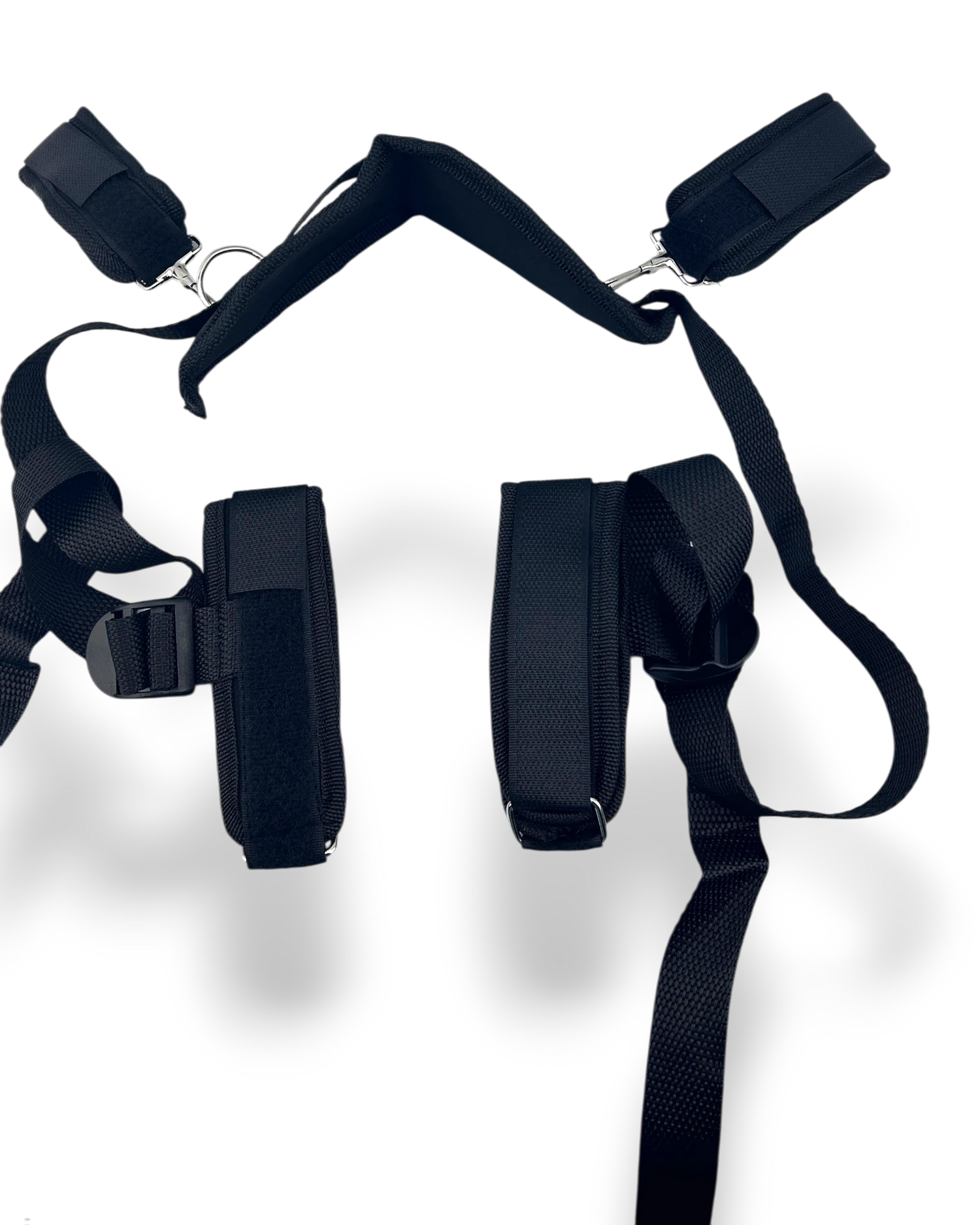 Arnés Hogtie Desire negro de 5 puntos con soporte de cuello, esposas para manos y pies, de velcro y correas ajustables. Glow&Vibe.