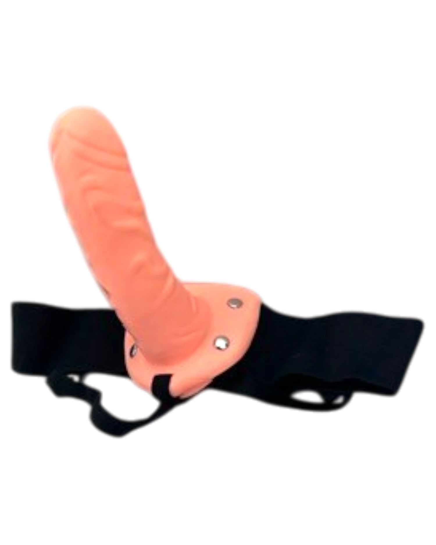 Arnés negro con funda de dildo realista color piel de Glow&Vibe. Vibración con control remoto por cable.