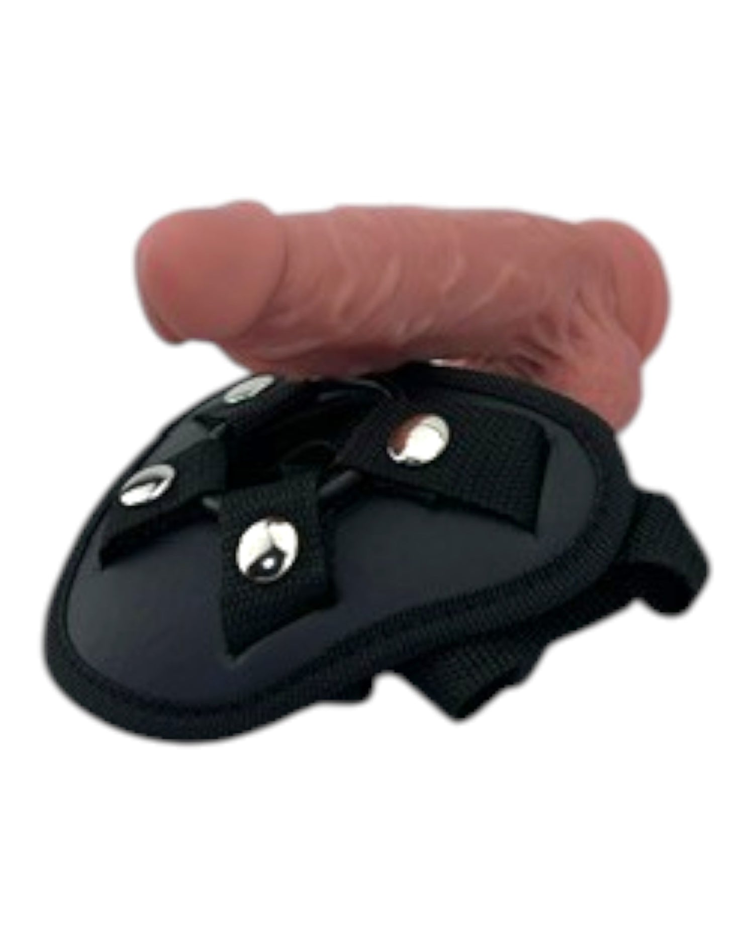 Arnés negro ajustable de Glow&Vibe con dildo articulado de TPE texturizado color melocotón.