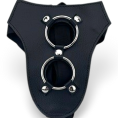 Arnés negro de nailon de Glow&Vibe con doble anillo metálico y tiras ajustables para un control total.