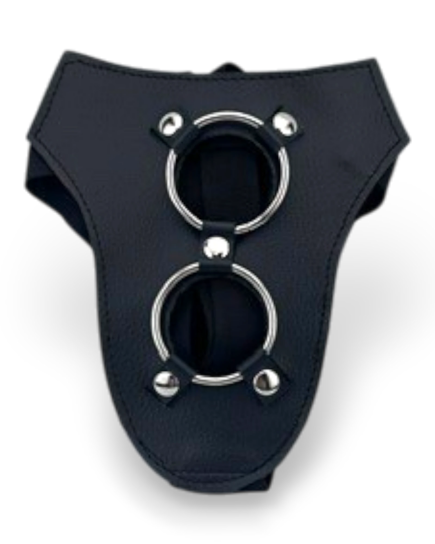 Arnés negro de nailon de Glow&Vibe con doble anillo metálico y tiras ajustables para un control total.
