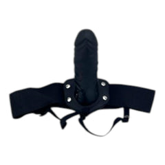Arnés negro de Glow&Vibe con funda realista y vibración con control remoto, ajustable, para experiencias placenteras.