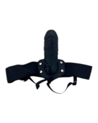 Arnés negro de Glow&Vibe con funda realista y vibración con control remoto, ajustable, para experiencias placenteras.