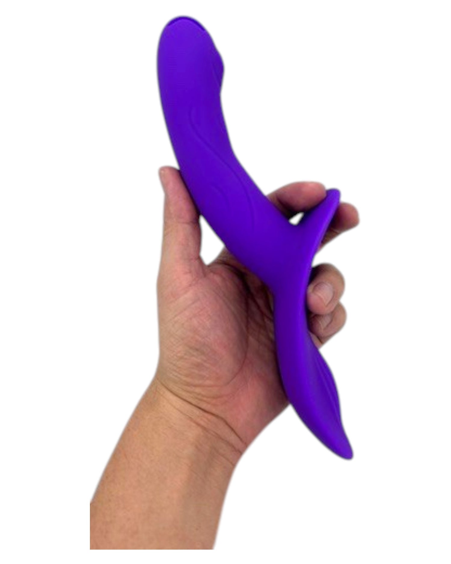Arnés morado de silicona Glow&Vibe con dildo texturizado y 9 funciones de vibración, para estimulación de clítoris y vagina.