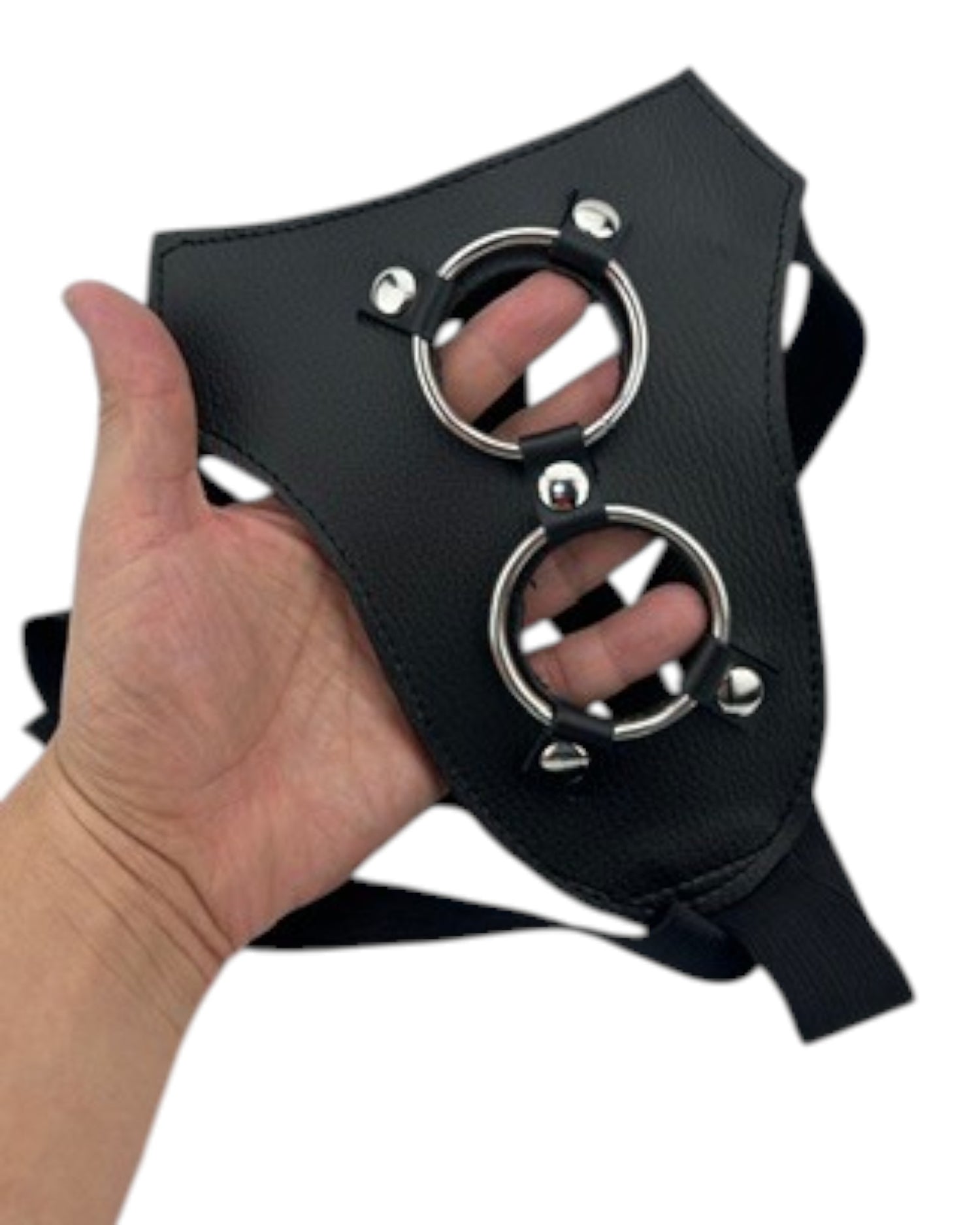 Arnés negro de nailon de Glow&Vibe con doble anillo metálico y tiras ajustables para un control total.