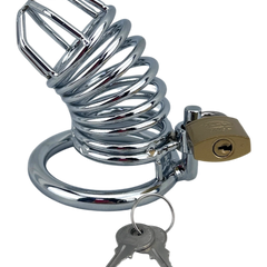 Jaula de castidad de metal pulido para pene con aro para testículos y candado con llave de Glow&Vibe