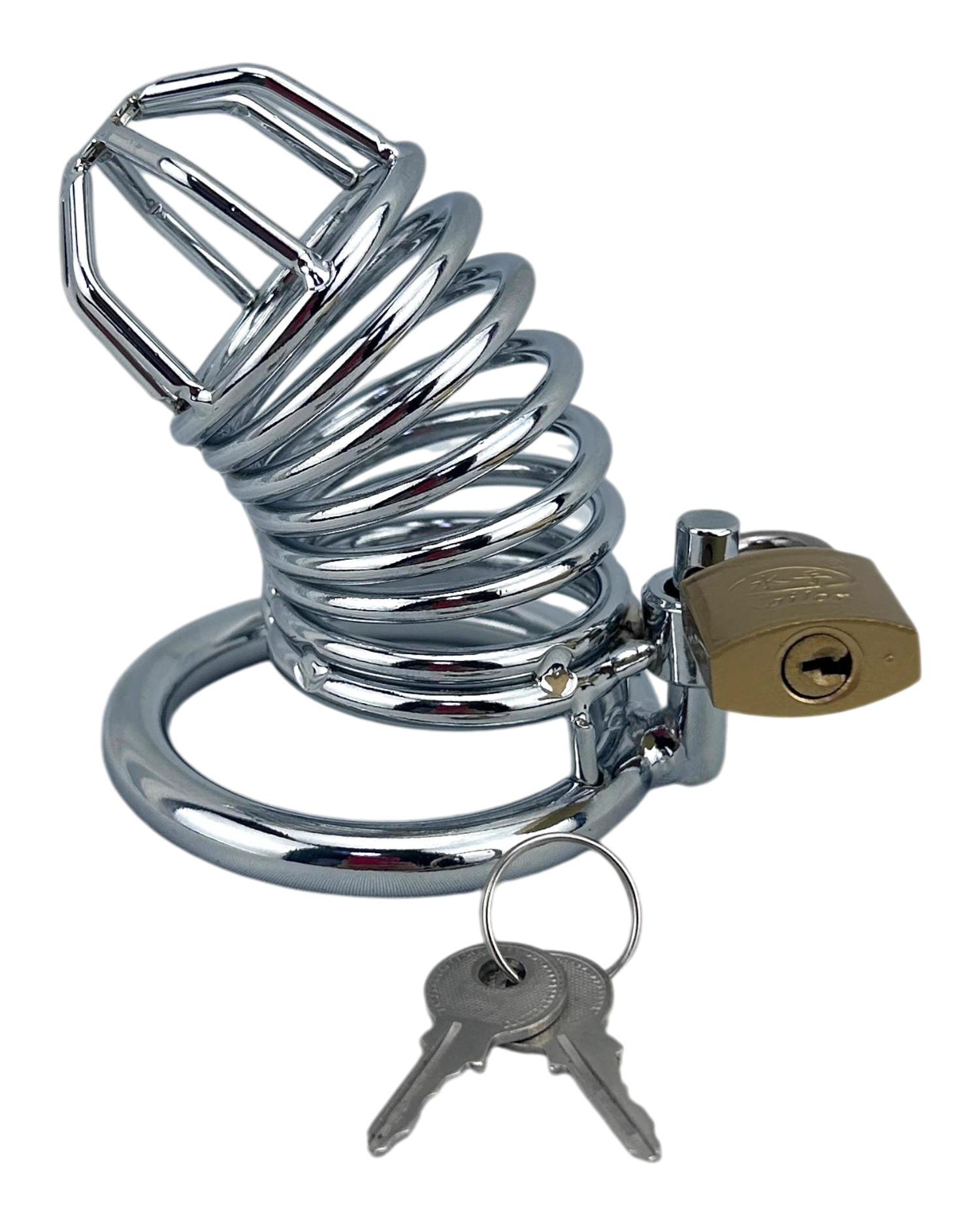 Jaula de castidad de metal pulido para pene con aro para testículos y candado con llave de Glow&Vibe