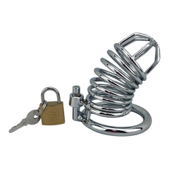 Jaula de pene de acero pulido con aro para testículos y candado de llave de Glow&Vibe. Diseño en espiral.