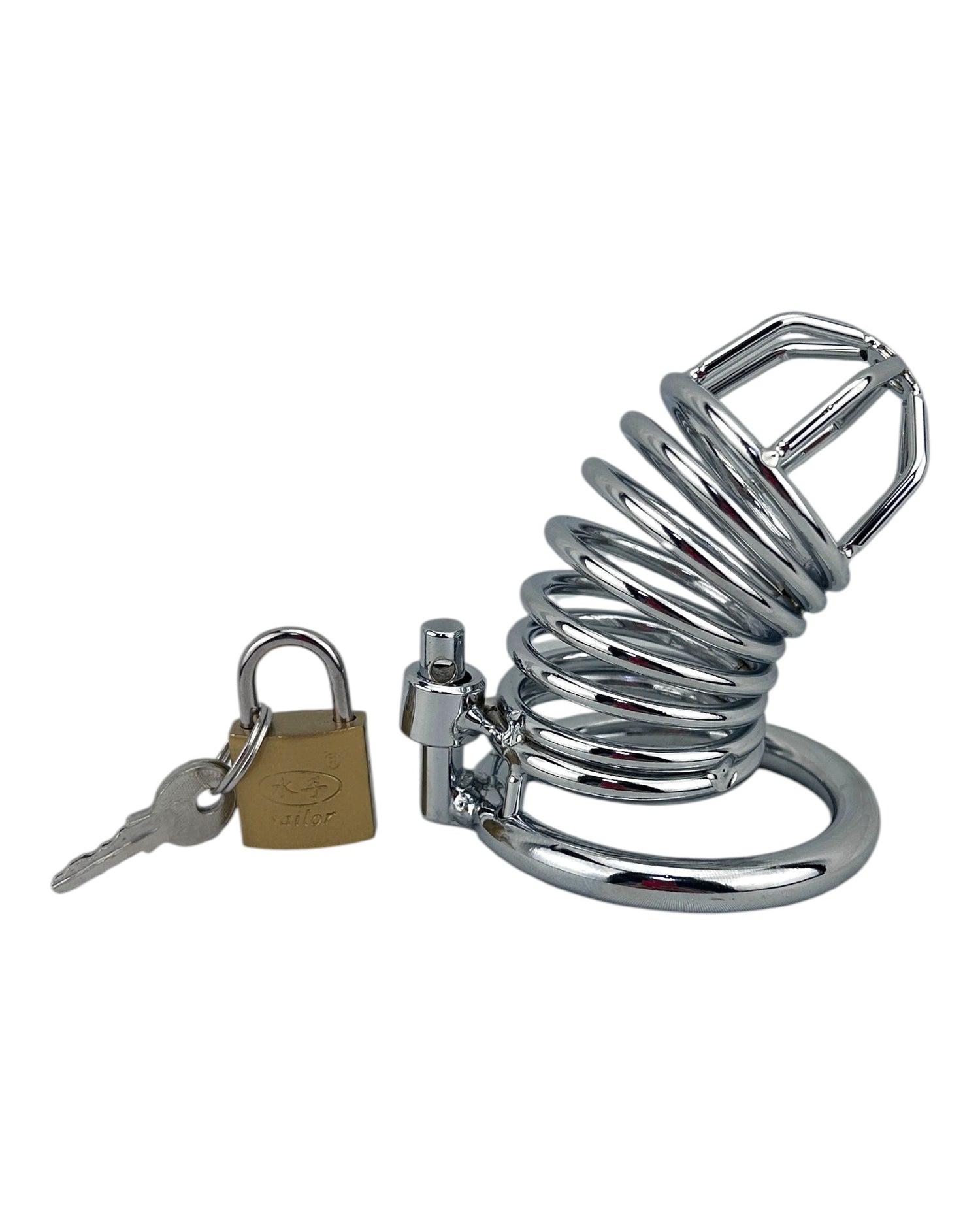 Jaula de pene de acero pulido con aro para testículos y candado de llave de Glow&Vibe. Diseño en espiral.