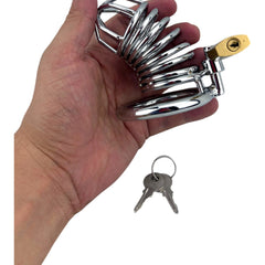 Jaula de pene de metal pulido con aro para testículos y candado con llave de Glow&Vibe. Diseño abierto y seguro.