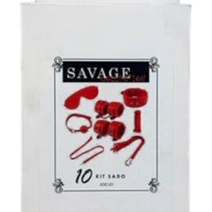Kit de bondage rojo de 10 piezas de Glow&Vibe, incluye esposas, collar, antifaz, cuerda, látigo y mordaza.