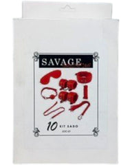 Kit de bondage rojo de 10 piezas de Glow&Vibe, incluye esposas, collar, antifaz, cuerda, látigo y mordaza.