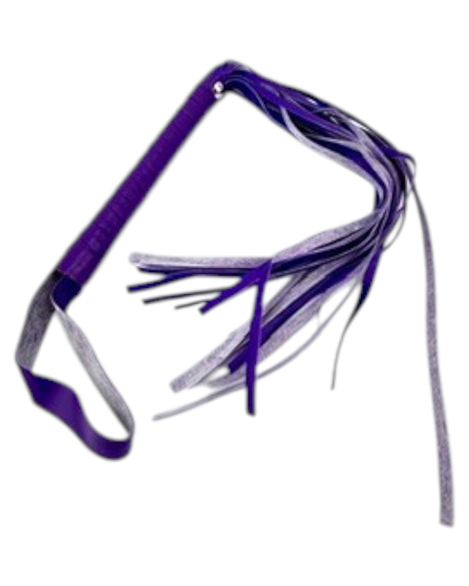 Látigo morado de cuero sintético de Glow&Vibe con flecos para juegos BDSM. Ideal para explorar el bondage.