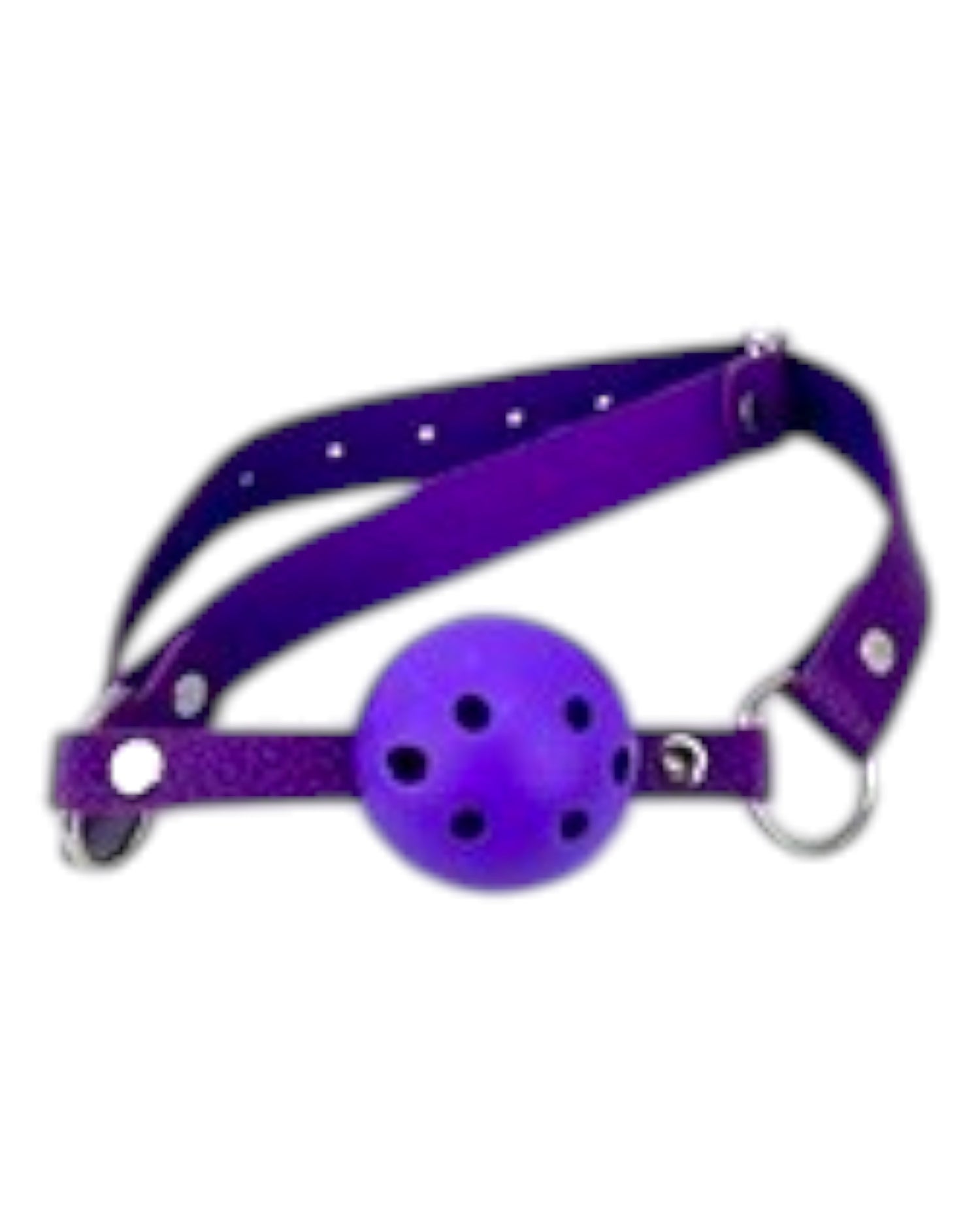 Glow&Vibe Kit de bondage morado con mordaza de bola con agujeros y correas ajustables.