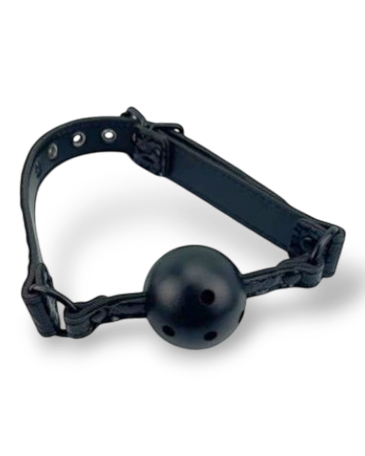 Mordaza bucal negra de cuero sintético con pelota rígida perforada de 4 cm, de Glow&Vibe