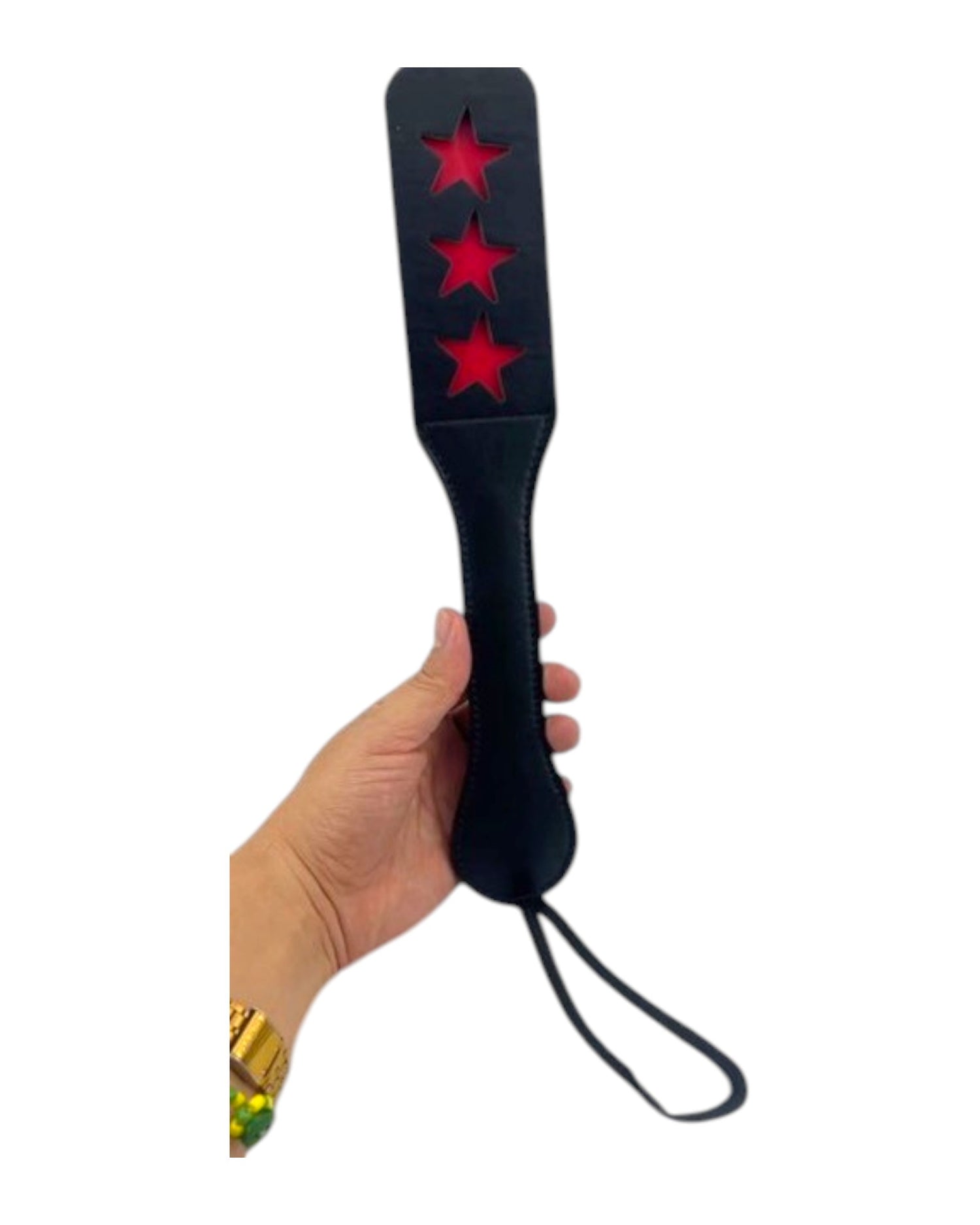 Paleta de azotes Glow&Vibe de cuero sintético negro con recortes de estrellas rojas, 32.5cm