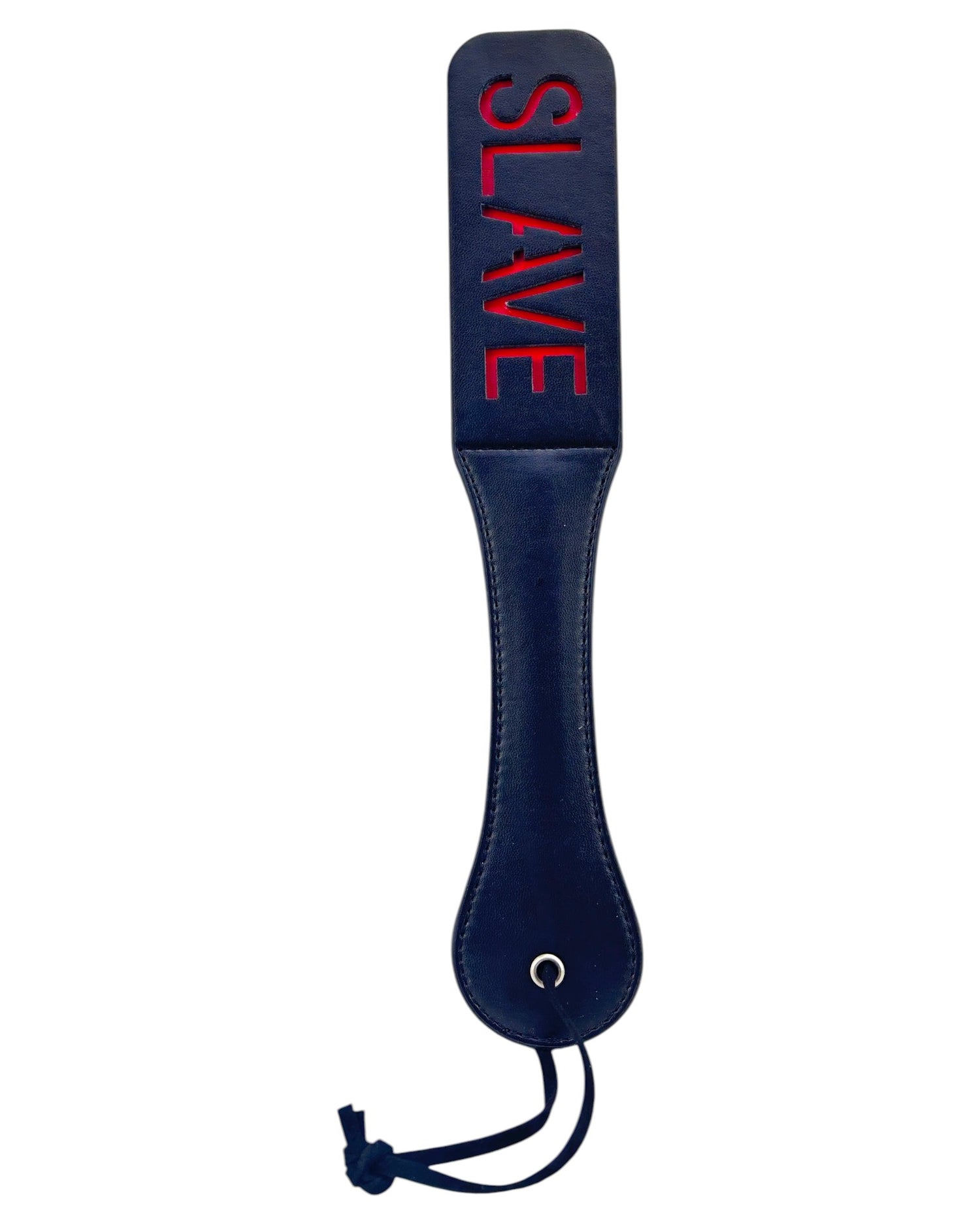 Paleta de azotes Glow&Vibe de cuero sintético negro con la palabra SLAVE grabada en rojo. Mango ergonómico con cordón.