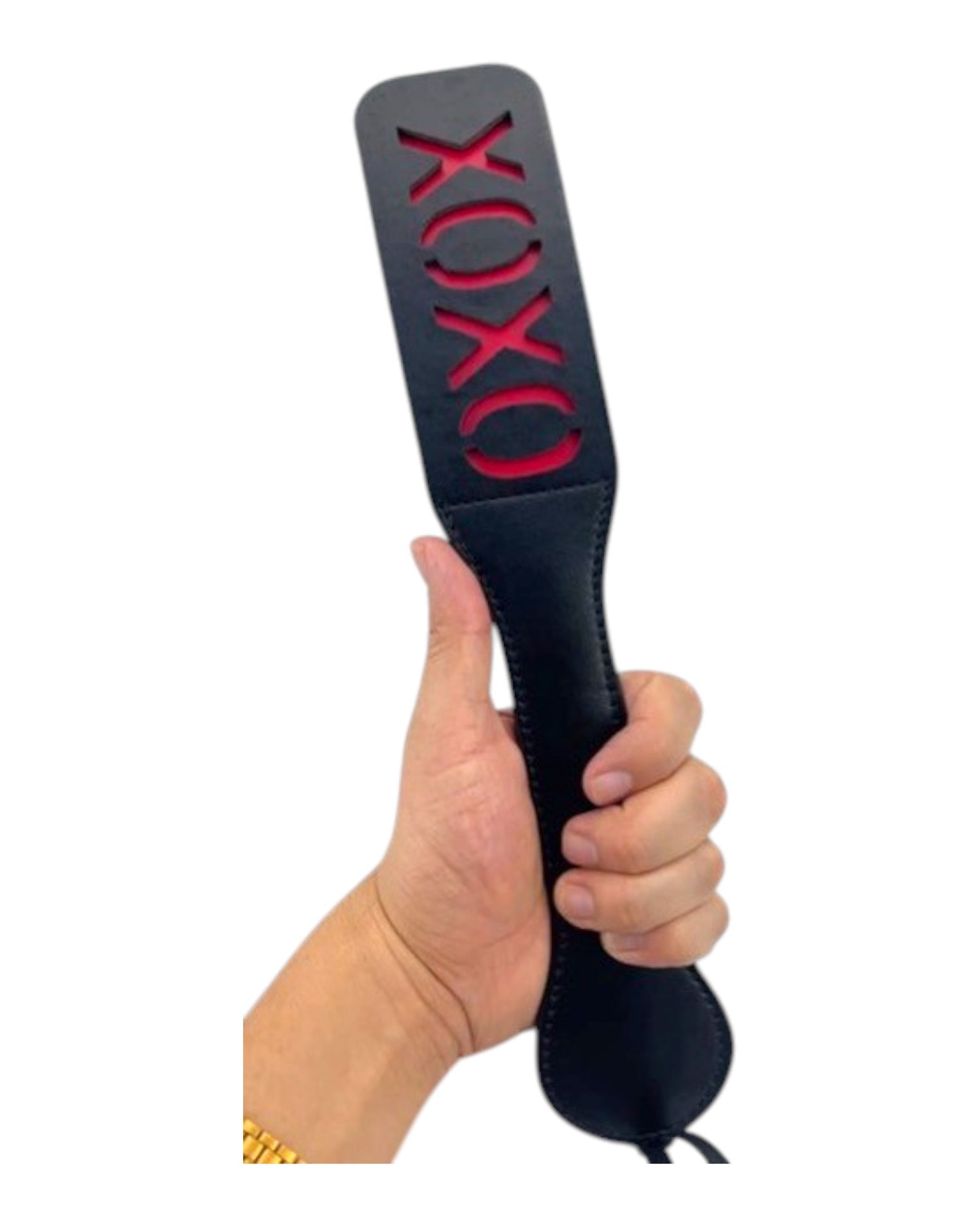 Paleta de azotes XOXO de cuero sintético negro con detalles rojos, de Glow&Vibe