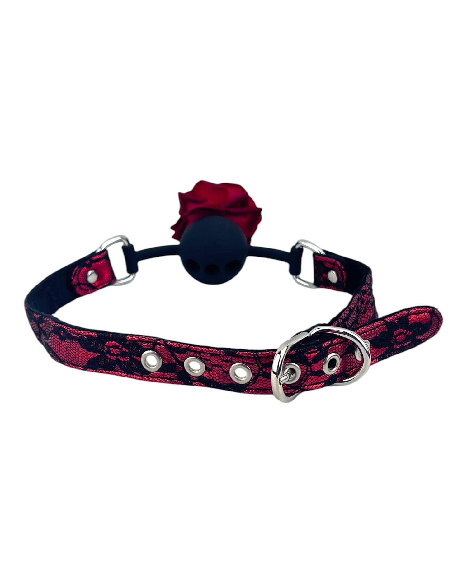 Glow & Vibe Rose Gag: mordaza bucal de silicona negra con rosa roja y cinturón de encaje rojo y negro ajustable.