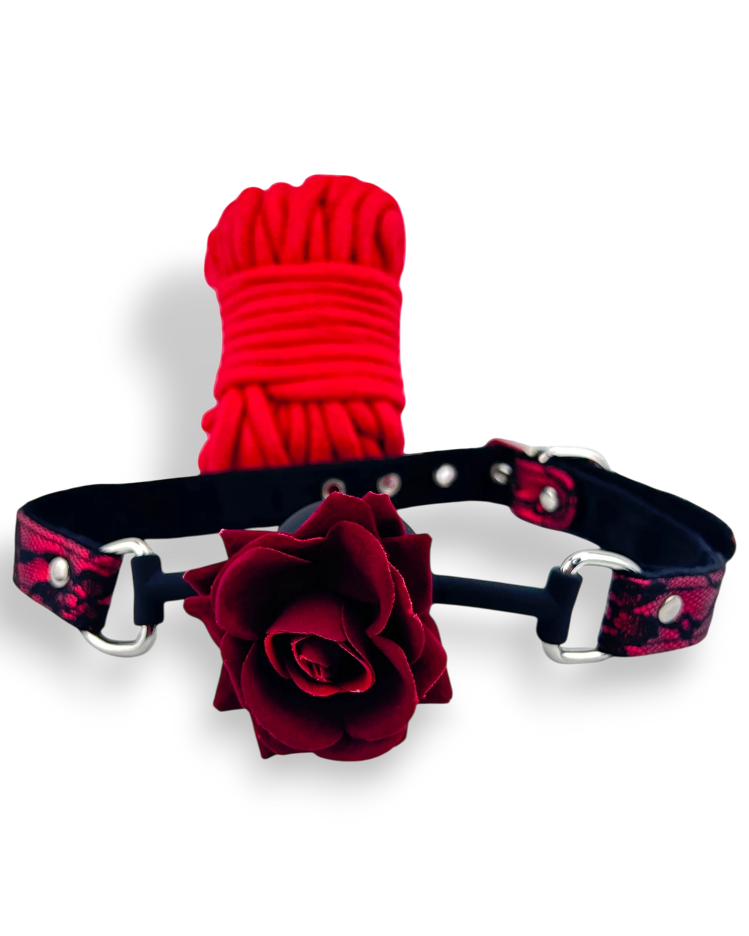Glow&Vibe Shibari Rose Set: mordaza de silicona roja con rosa y cuerda de nylon roja.