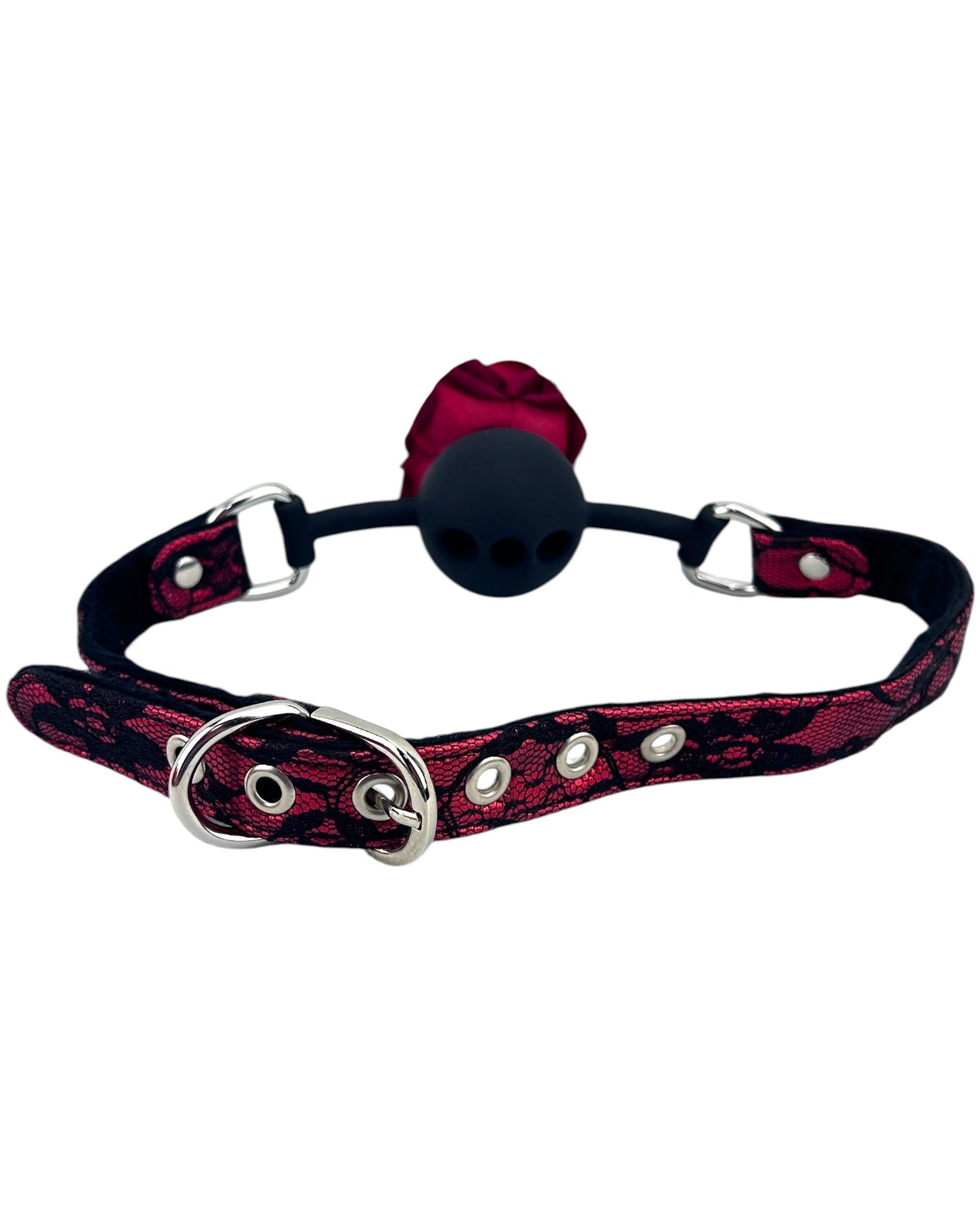 Glow&Vibe Shibari Rose Set: mordaza de silicona negra con rosa roja y correa de encaje rojo y negro.
