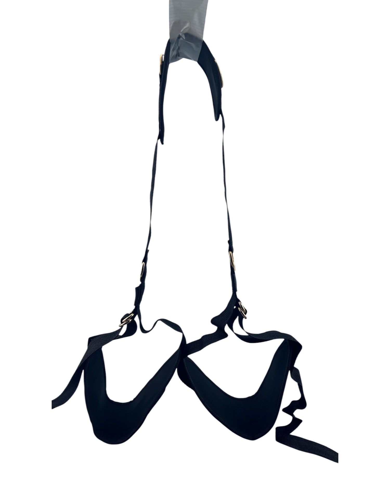 Glow&Vibe Straddle Bound negro ajustable con soporte para cuello y piernas, correas acolchadas y anillos dorados.
