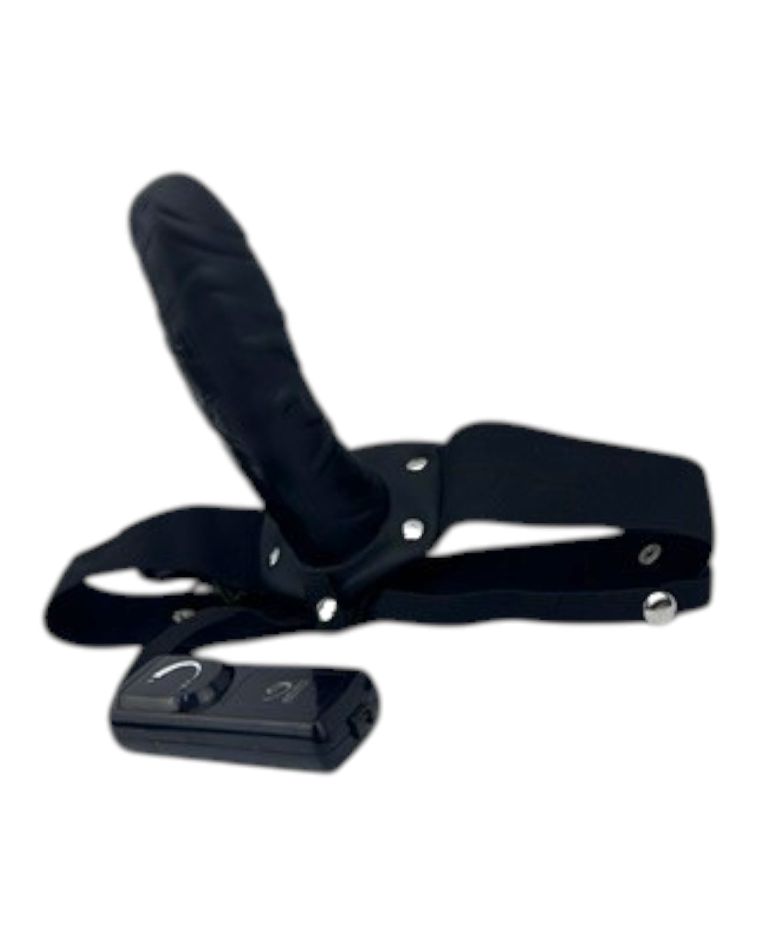 Arnés negro con funda de strap-on realista y control de vibración por cable de Glow&Vibe.