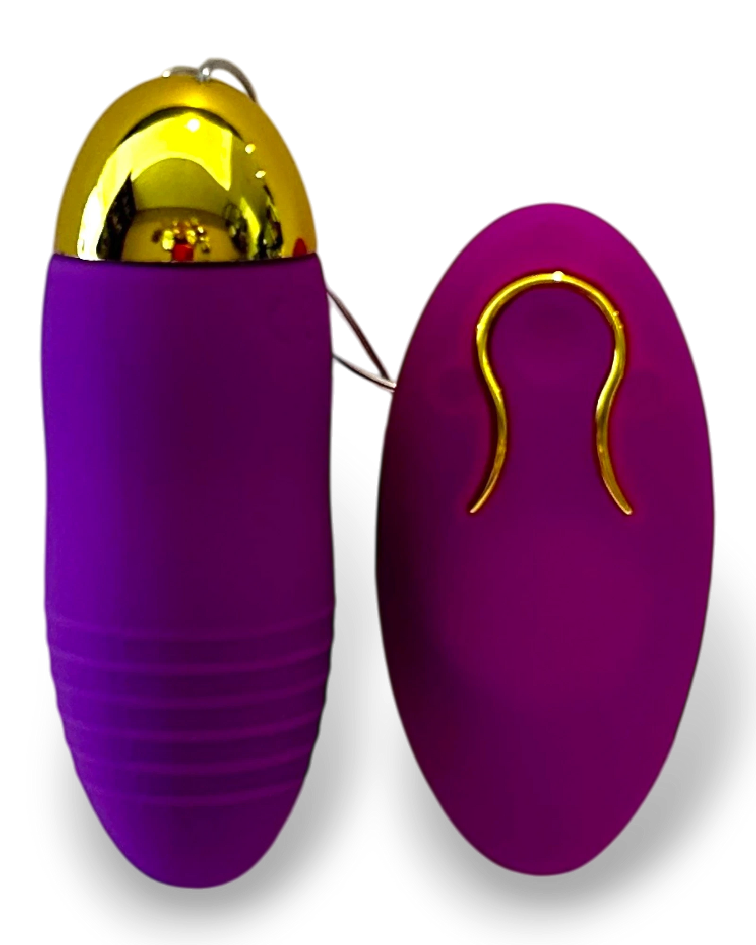 Bala vibradora inalámbrica Glow&Vibe color morado de silicón con detalles dorados y control remoto ergonómico