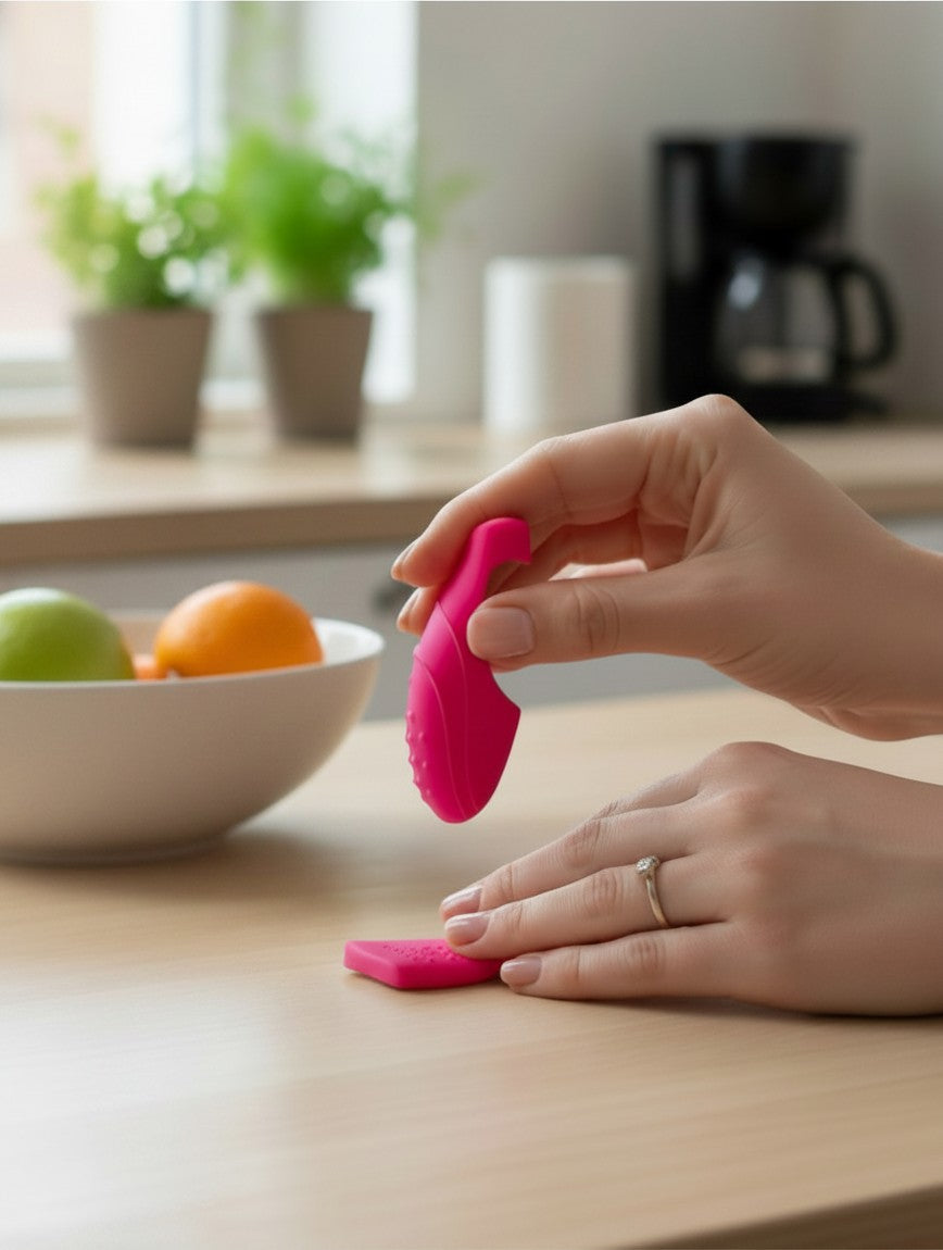 Dedal vibrador fucsia de silicón Silk Finger de Glow&Vibe sostenido por una mano sobre una mesa de madera