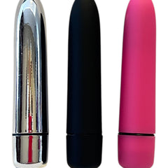 Mini balas vibradoras Lusty Missile de Glow&Vibe en colores plateado, negro y fucsia con acabado de silicón suave.
