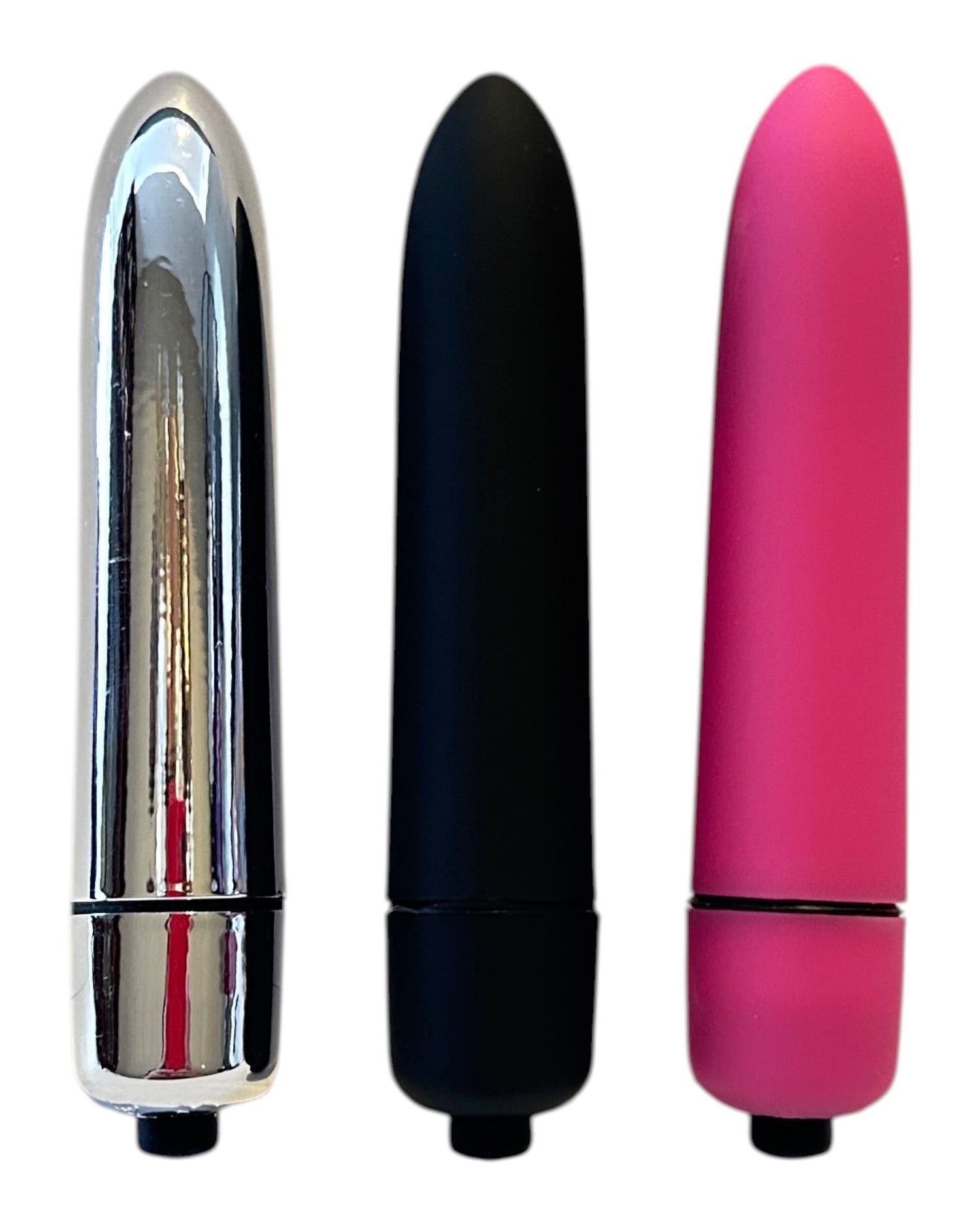 Mini balas vibradoras Lusty Missile de Glow&Vibe en colores plateado, negro y fucsia con acabado de silicón suave.